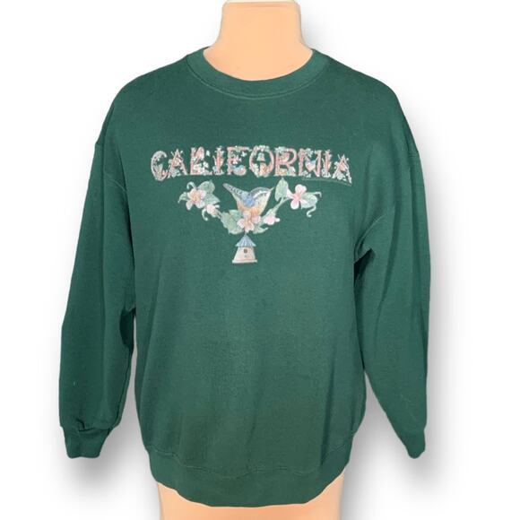 Vintage 90s Hunter Green California Hummingbird Crewneck Sweatshirt Drop Sleeves - Picture 10 of 10